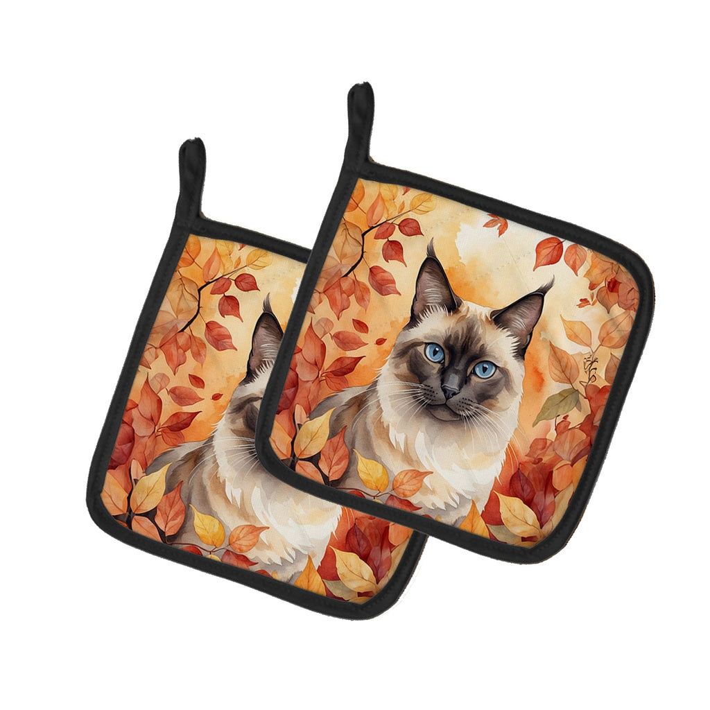 Birman Cat in Fall Leaves Pot Holder Set of 2 Heat Resistant Quilted Hot Pads 7.5 x 7.5 Inch, Insulated Kitchen Trivets for Cooking & Baking