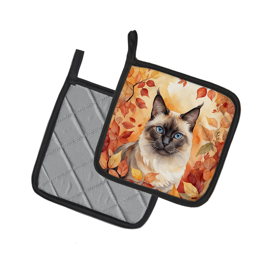 Birman Cat in Fall Leaves Pot Holder Set of 2 Heat Resistant Quilted Hot Pads 7.5 x 7.5 Inch, Insulated Kitchen Trivets for Cooking & Baking