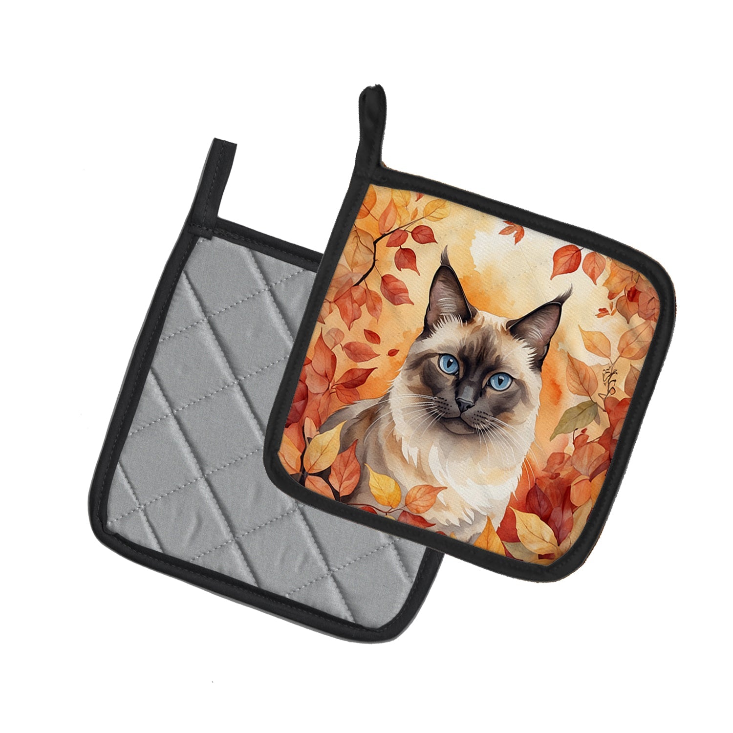 Birman Cat in Fall Leaves Pot Holder Set of 2 Heat Resistant Quilted Hot Pads 7.5 x 7.5 Inch, Insulated Kitchen Trivets for Cooking & Baking
