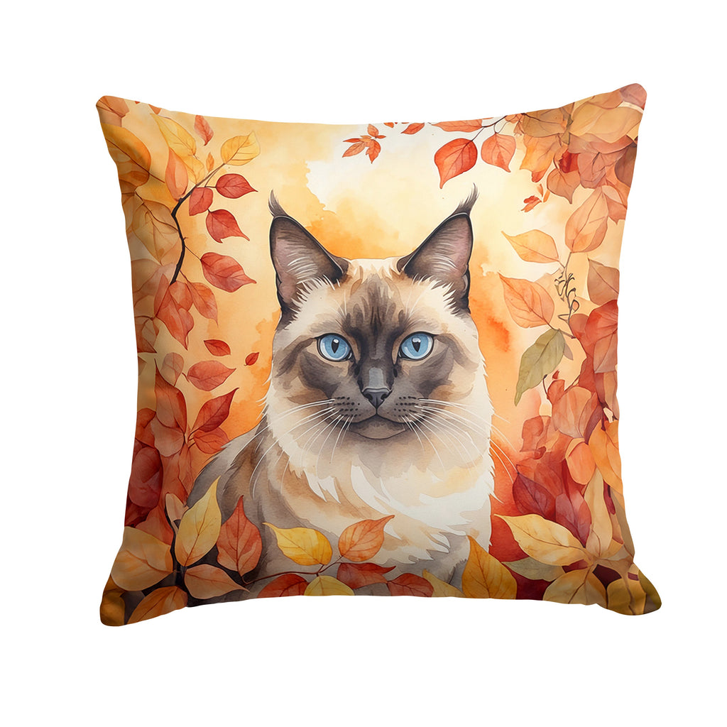 Birman Cat in Fall Leaves Decorative Throw Pillow 14x14 Indoor Outdoor Accent Cushion, Fabric Cover with Insert for Sofa, Bed, Porch & Living Room