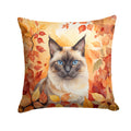 Birman Cat in Fall Leaves Decorative Throw Pillow 14x14 Indoor Outdoor Accent Cushion, Fabric Cover with Insert for Sofa, Bed, Porch & Living Room