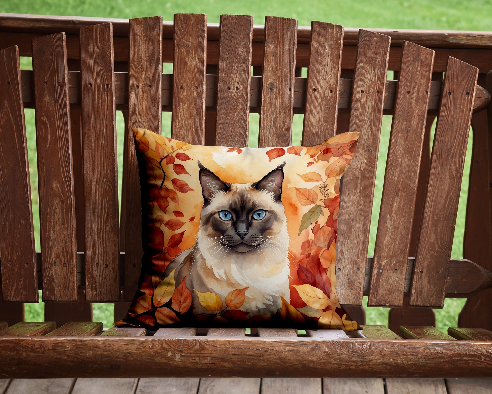 Birman Cat in Fall Leaves Decorative Throw Pillow 14x14 Indoor Outdoor Accent Cushion, Fabric Cover with Insert for Sofa, Bed, Porch & Living Room