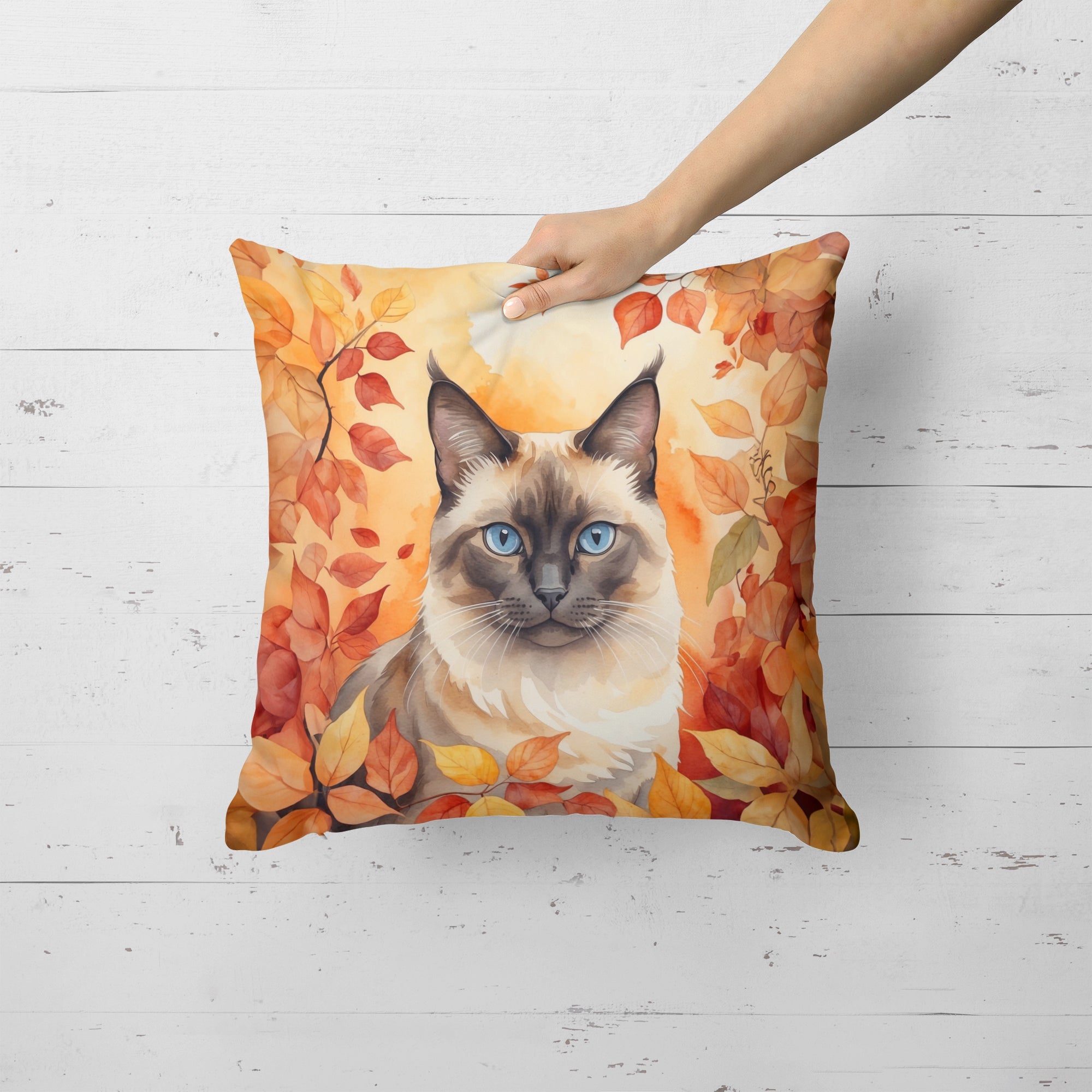 Birman Cat in Fall Leaves Decorative Throw Pillow 18x18 Indoor Outdoor Accent Cushion, Fabric Cover with Insert for Sofa, Bed, Porch & Living Room