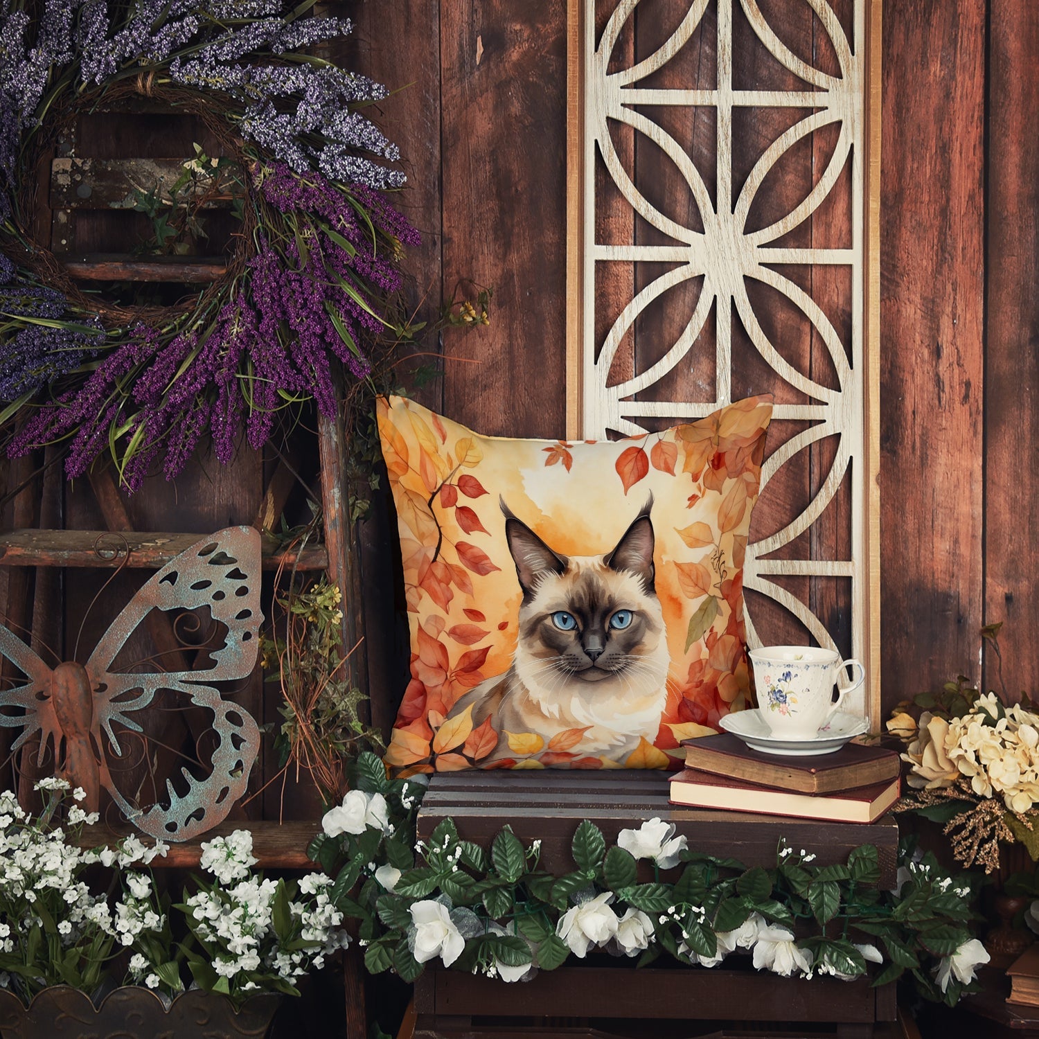 Birman Cat in Fall Leaves Decorative Throw Pillow 18x18 Indoor Outdoor Accent Cushion, Fabric Cover with Insert for Sofa, Bed, Porch & Living Room