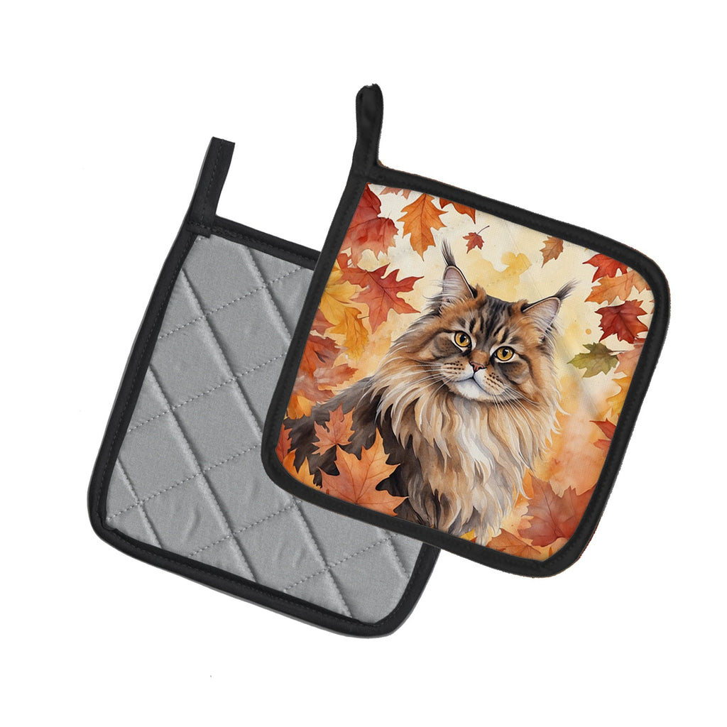 British Longhair Cat in Fall Leaves Pot Holder Set of 2 Heat Resistant Quilted Hot Pads 7.5 x 7.5 Inch, Insulated Kitchen Trivets for Cooking & Baking