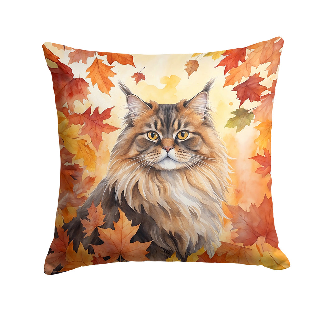 British Longhair Cat in Fall Leaves Decorative Throw Pillow 14x14 Indoor Outdoor Accent Cushion, Fabric Cover with Insert for Sofa, Bed, Porch & Living Room