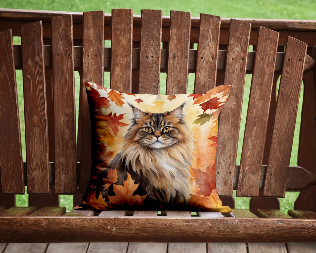 British Longhair Cat in Fall Leaves Decorative Throw Pillow 14x14 Indoor Outdoor Accent Cushion, Fabric Cover with Insert for Sofa, Bed, Porch & Living Room