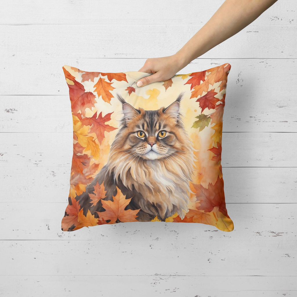 British Longhair Cat in Fall Leaves Decorative Throw Pillow 18x18 Indoor Outdoor Accent Cushion, Fabric Cover with Insert for Sofa, Bed, Porch & Living Room