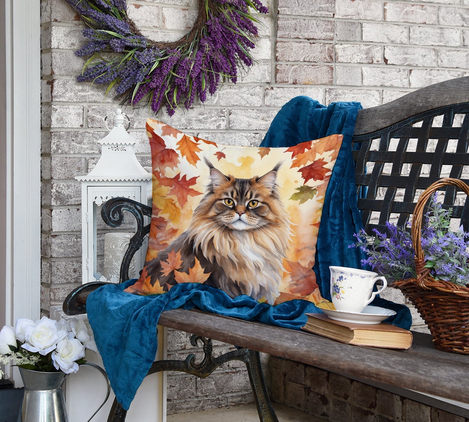 British Longhair Cat in Fall Leaves Decorative Throw Pillow 18x18 Indoor Outdoor Accent Cushion, Fabric Cover with Insert for Sofa, Bed, Porch & Living Room