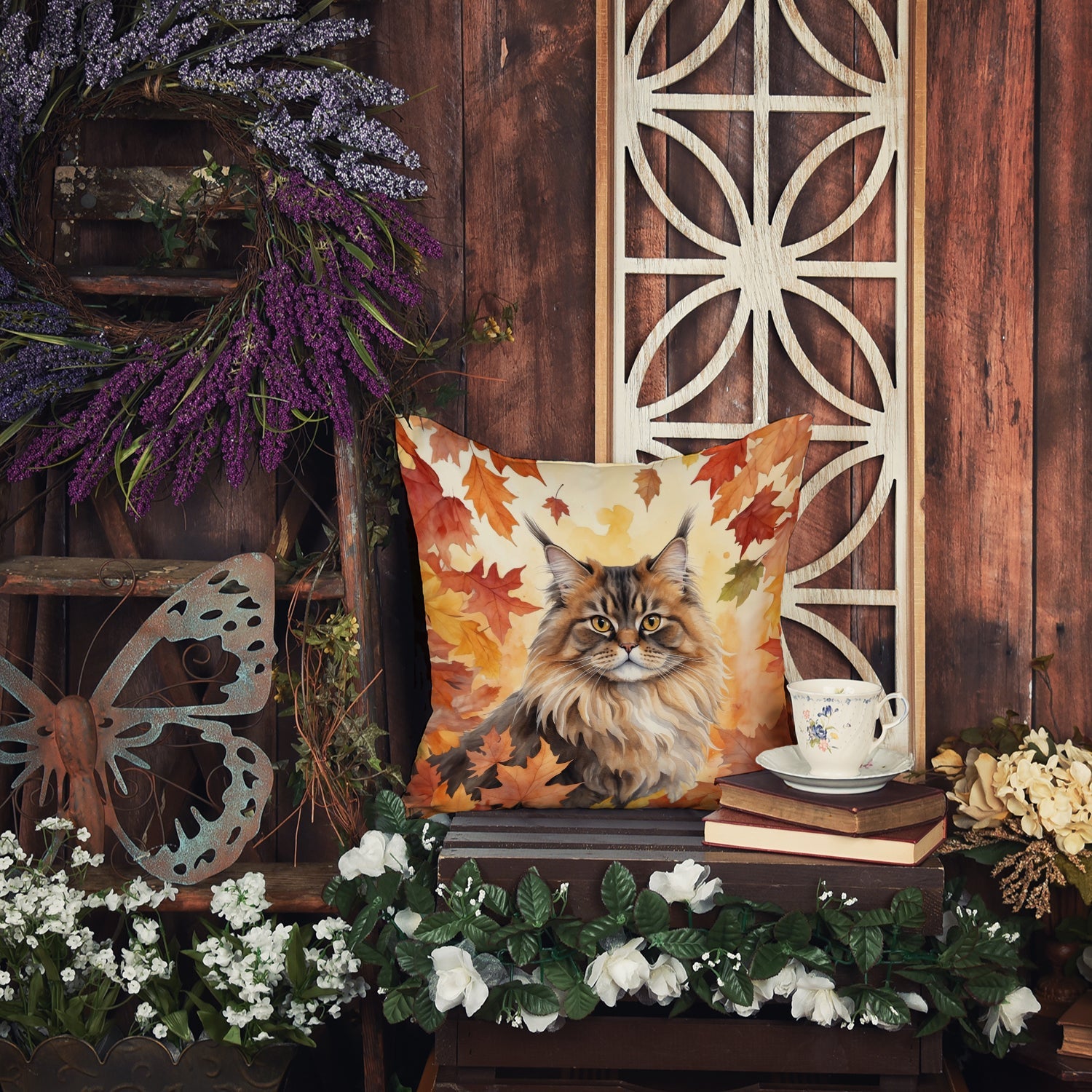 British Longhair Cat in Fall Leaves Decorative Throw Pillow 18x18 Indoor Outdoor Accent Cushion, Fabric Cover with Insert for Sofa, Bed, Porch & Living Room