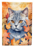 British Shorthair Cat in Fall Leaves House Flag 28x40 Porch Sleeve Pole Decorative Outside Yard Banner Artwork Wall Hanging, Polyester