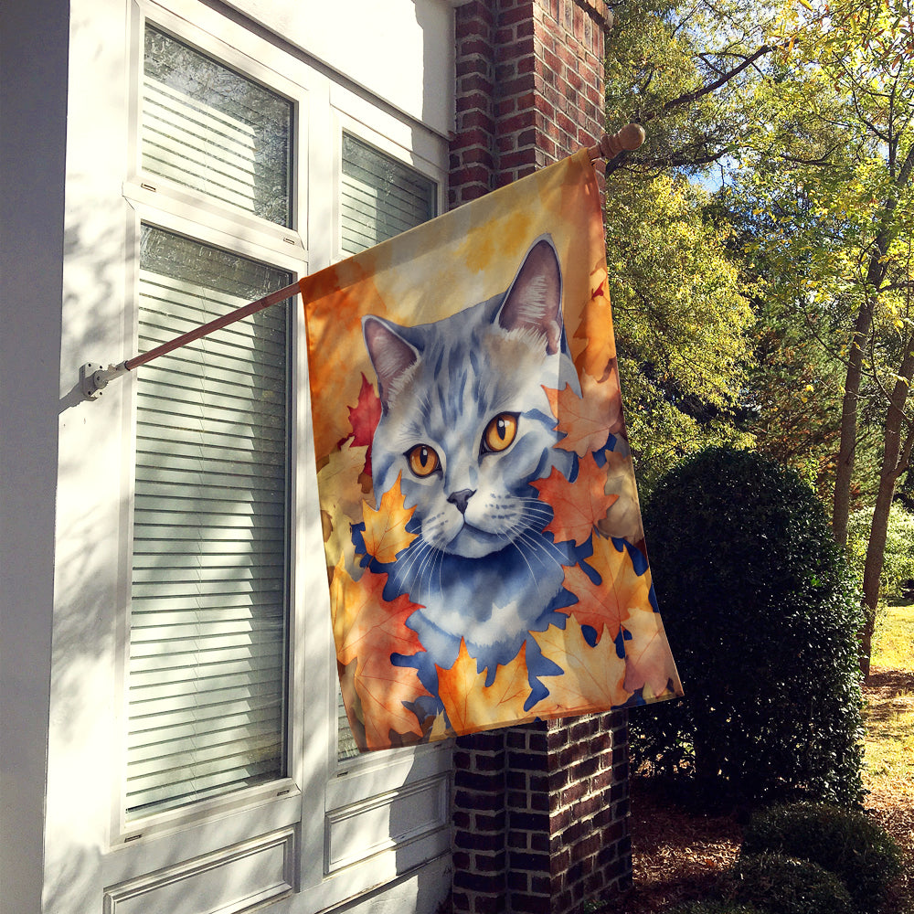 British Shorthair Cat in Fall Leaves House Flag 28x40 Porch Sleeve Pole Decorative Outside Yard Banner Artwork Wall Hanging, Polyester