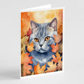 British Shorthair Cat in Fall Leaves Greeting Cards Pack of 8 Blank Cards with Envelopes Whimsical A7 Size 5x7
