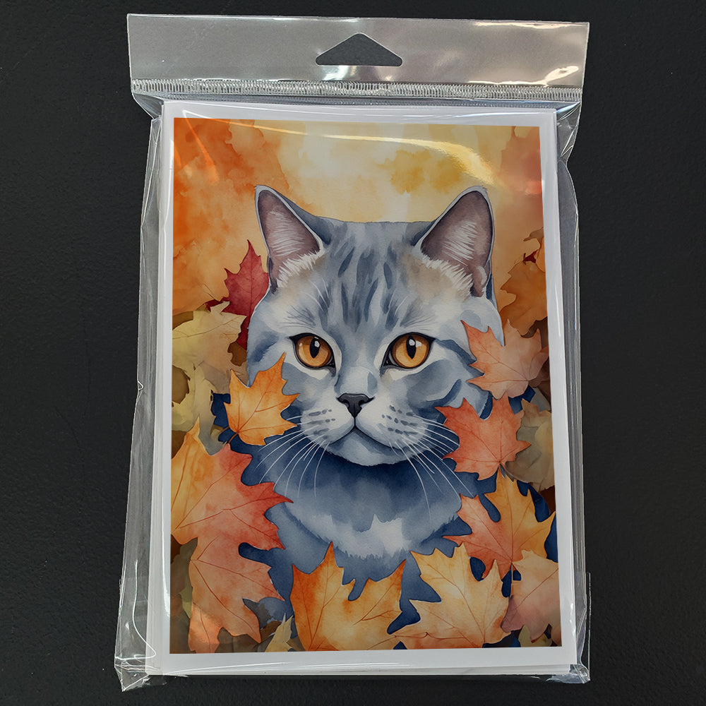 British Shorthair Cat in Fall Leaves Greeting Cards Pack of 8 Blank Cards with Envelopes Whimsical A7 Size 5x7