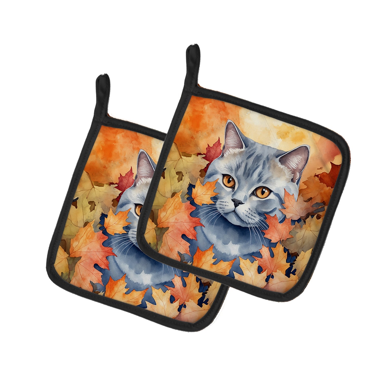 British Shorthair Cat in Fall Leaves Pot Holder Set of 2 Heat Resistant Quilted Hot Pads 7.5 x 7.5 Inch, Insulated Kitchen Trivets for Cooking & Baking