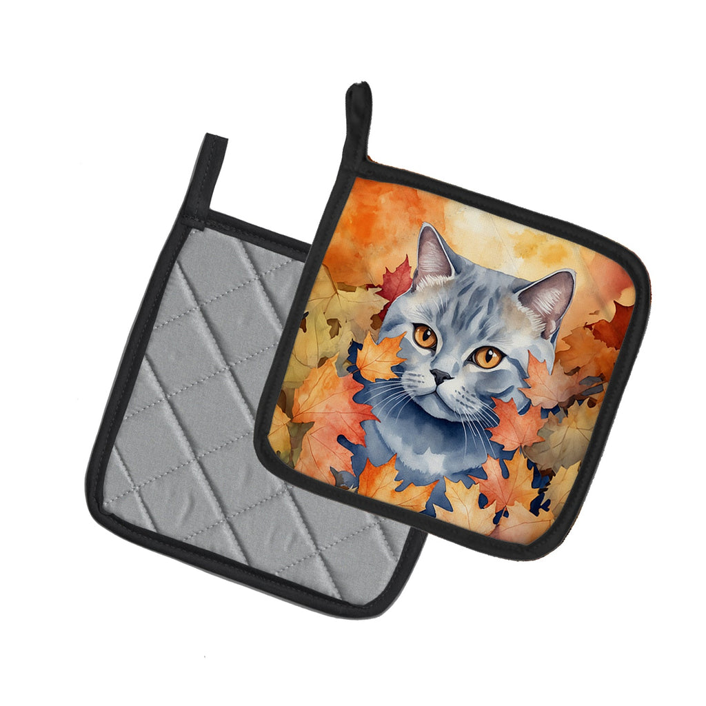 British Shorthair Cat in Fall Leaves Pot Holder Set of 2 Heat Resistant Quilted Hot Pads 7.5 x 7.5 Inch, Insulated Kitchen Trivets for Cooking & Baking