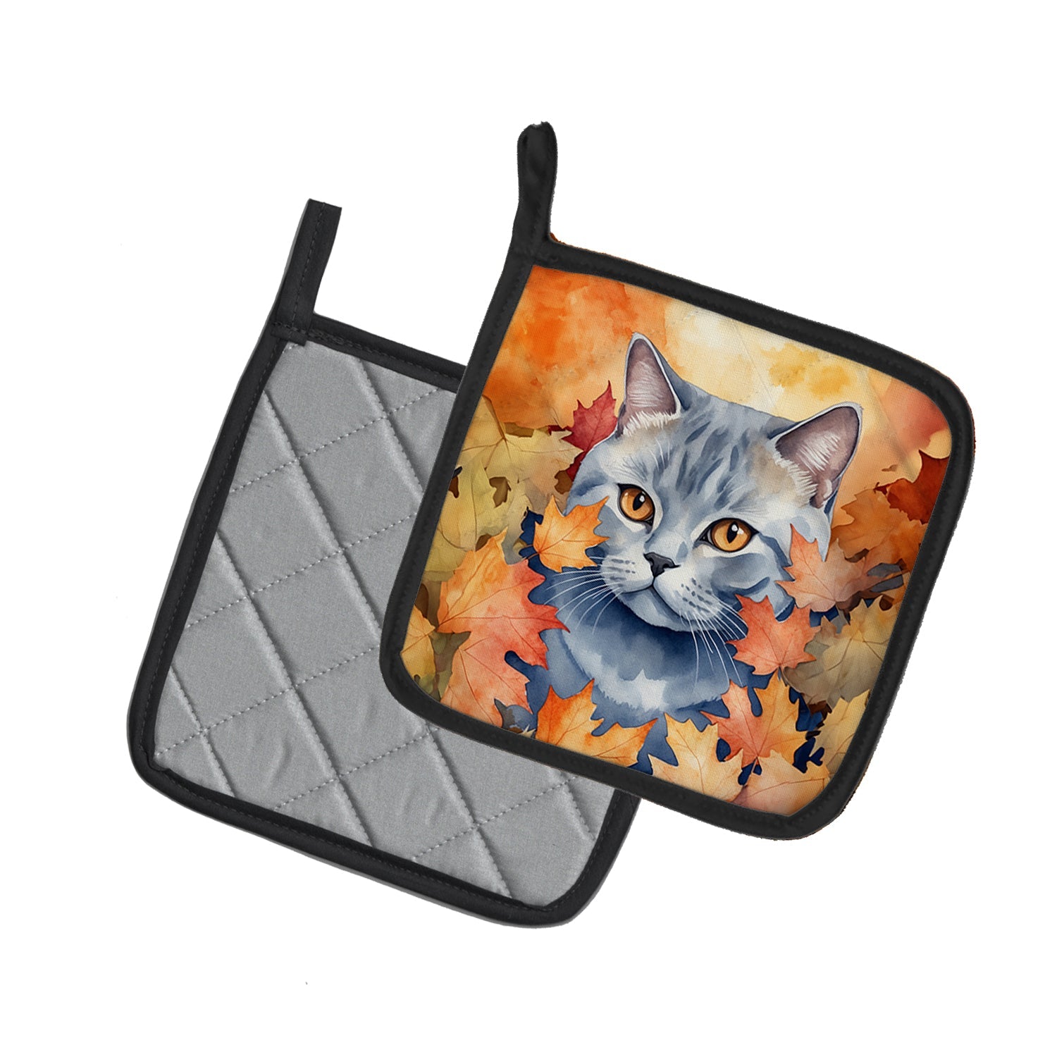 British Shorthair Cat in Fall Leaves Pot Holder Set of 2 Heat Resistant Quilted Hot Pads 7.5 x 7.5 Inch, Insulated Kitchen Trivets for Cooking & Baking