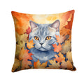 British Shorthair Cat in Fall Leaves Decorative Throw Pillow 14x14 Indoor Outdoor Accent Cushion, Fabric Cover with Insert for Sofa, Bed, Porch & Living Room