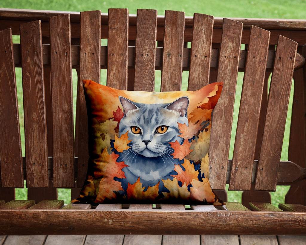 British Shorthair Cat in Fall Leaves Decorative Throw Pillow 14x14 Indoor Outdoor Accent Cushion, Fabric Cover with Insert for Sofa, Bed, Porch & Living Room