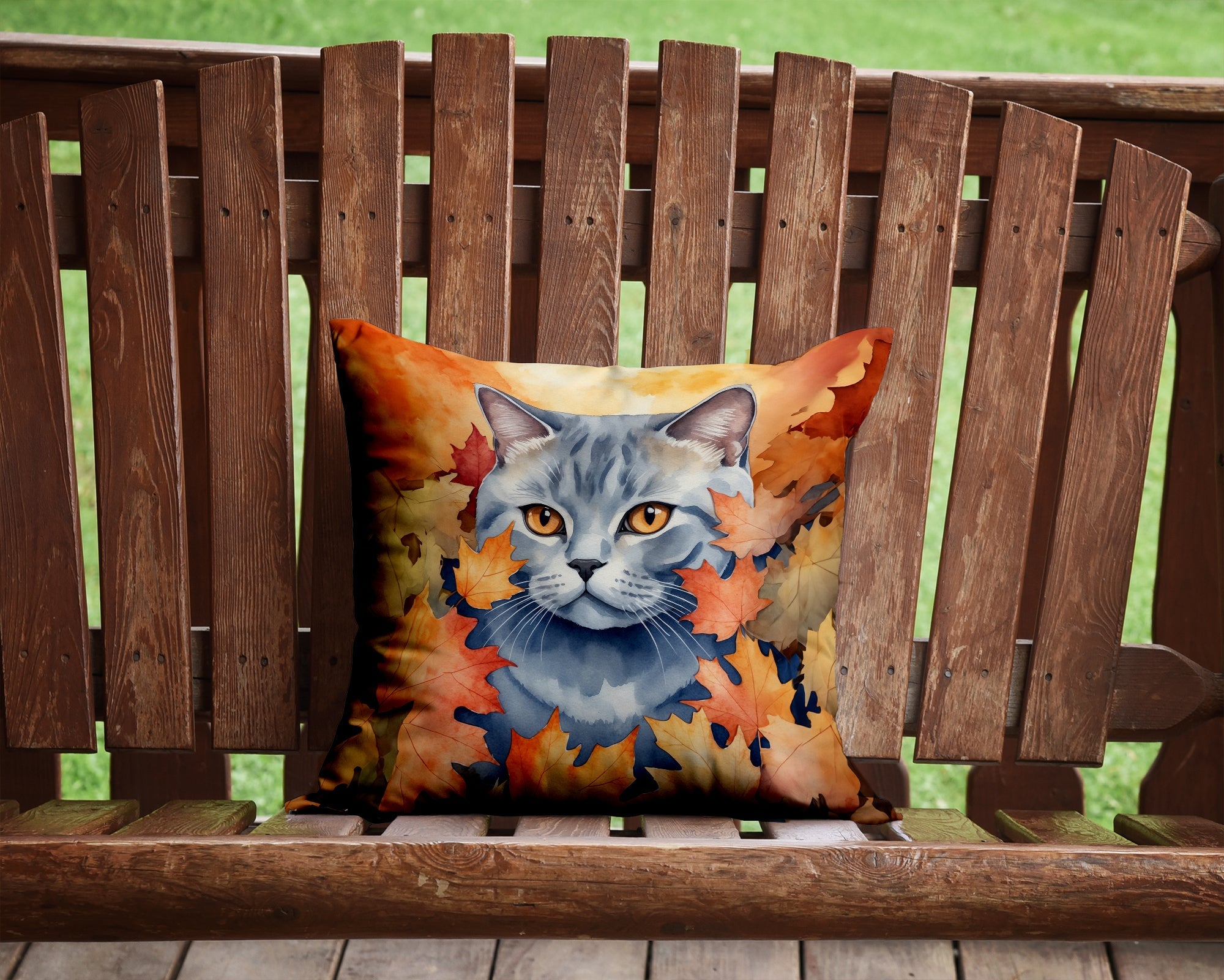 British Shorthair Cat in Fall Leaves Decorative Throw Pillow 14x14 Indoor Outdoor Accent Cushion, Fabric Cover with Insert for Sofa, Bed, Porch & Living Room