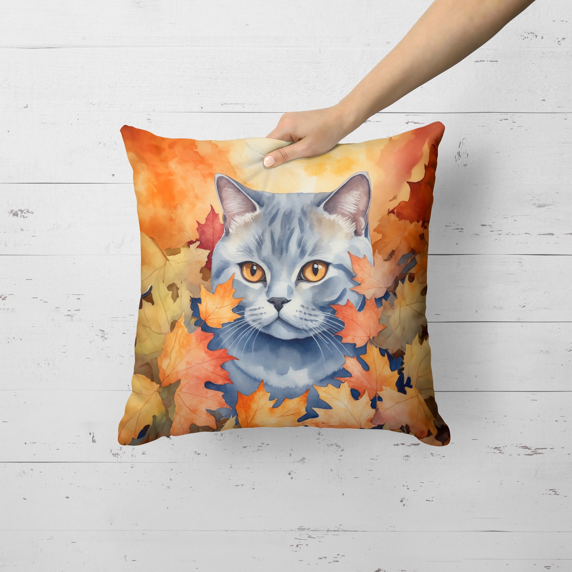 British Shorthair Cat in Fall Leaves Decorative Throw Pillow 18x18 Indoor Outdoor Accent Cushion, Fabric Cover with Insert for Sofa, Bed, Porch & Living Room