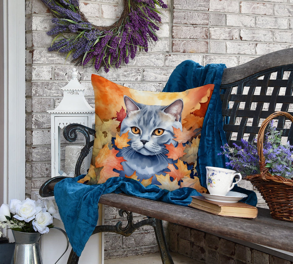 British Shorthair Cat in Fall Leaves Decorative Throw Pillow 18x18 Indoor Outdoor Accent Cushion, Fabric Cover with Insert for Sofa, Bed, Porch & Living Room