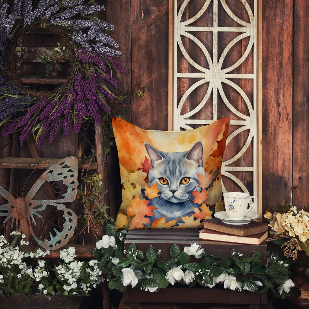 British Shorthair Cat in Fall Leaves Decorative Throw Pillow 18x18 Indoor Outdoor Accent Cushion, Fabric Cover with Insert for Sofa, Bed, Porch & Living Room