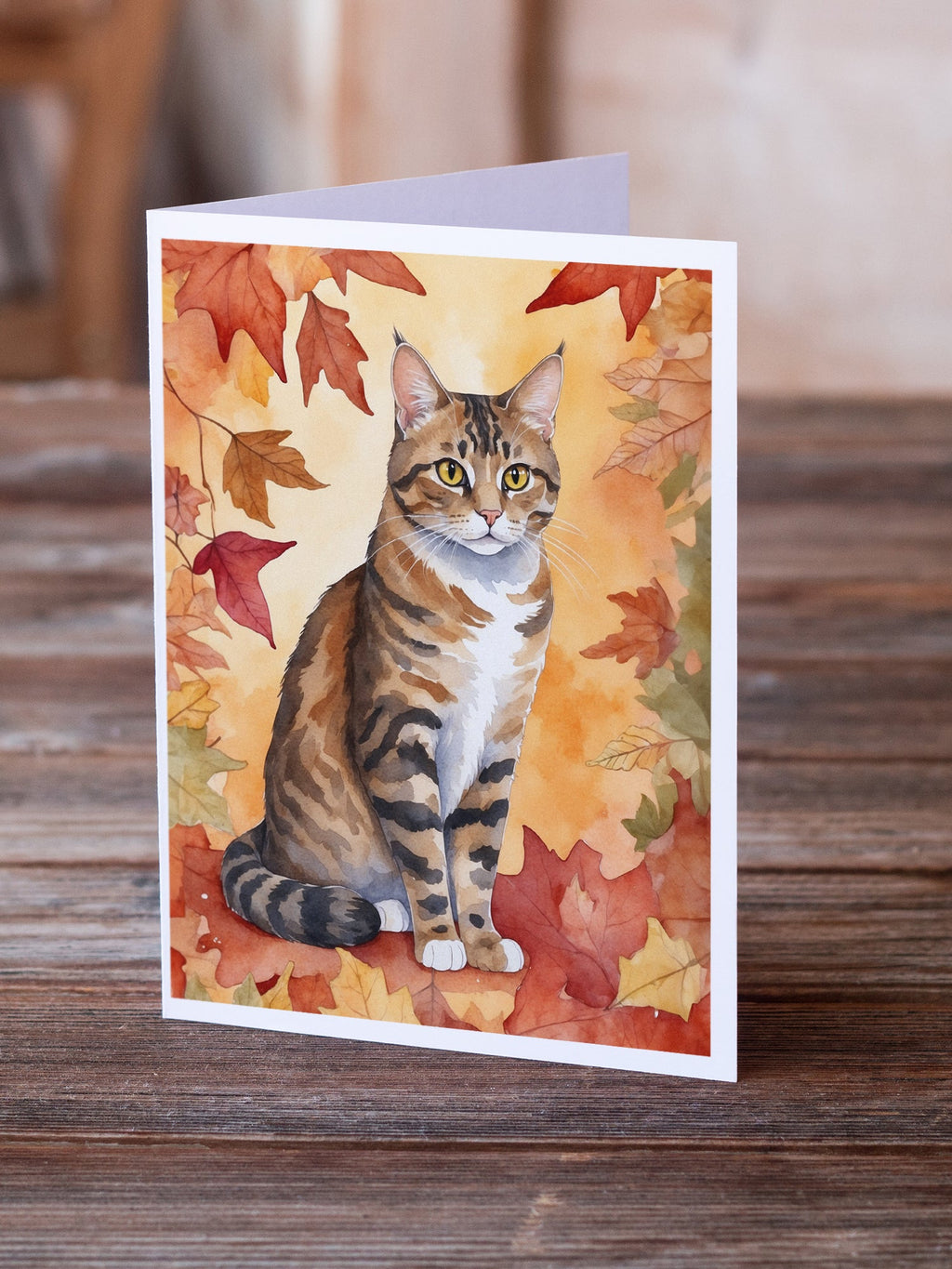California Spangled Cat in Fall Leaves Greeting Cards Pack of 8 Blank Cards with Envelopes Whimsical A7 Size 5x7