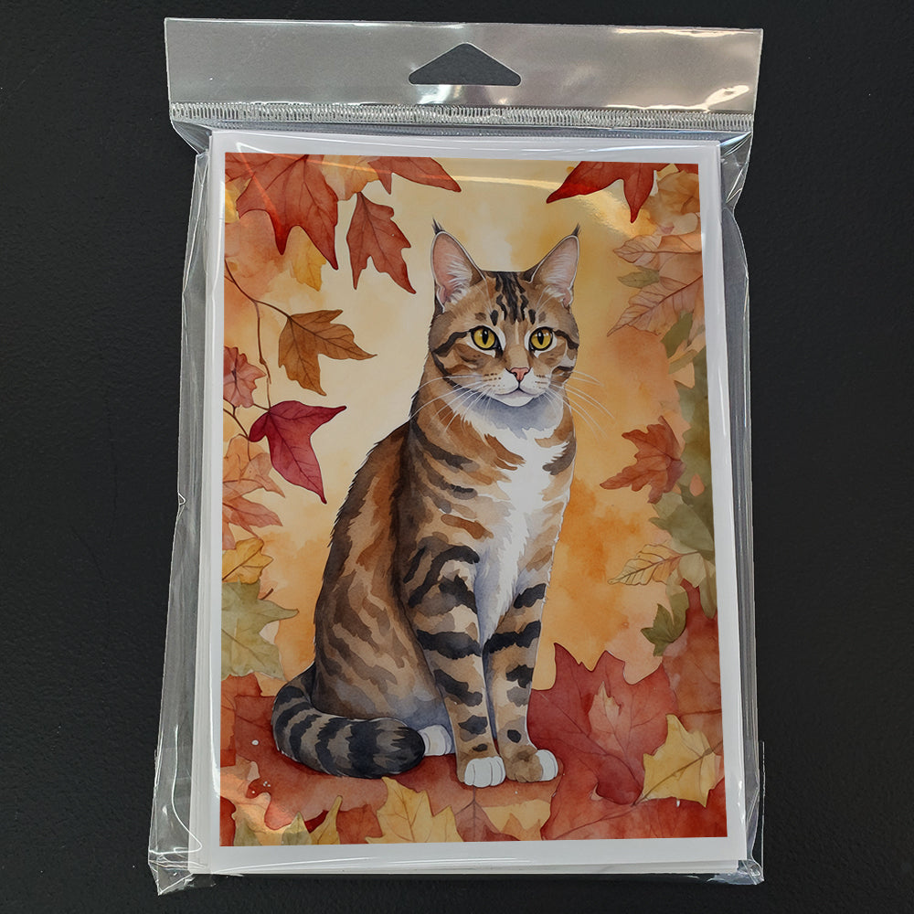 California Spangled Cat in Fall Leaves Greeting Cards Pack of 8 Blank Cards with Envelopes Whimsical A7 Size 5x7