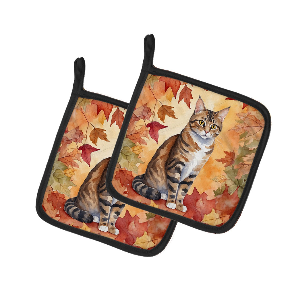 California Spangled Cat in Fall Leaves Pot Holder Set of 2 Heat Resistant Quilted Hot Pads 7.5 x 7.5 Inch, Insulated Kitchen Trivets for Cooking & Baking