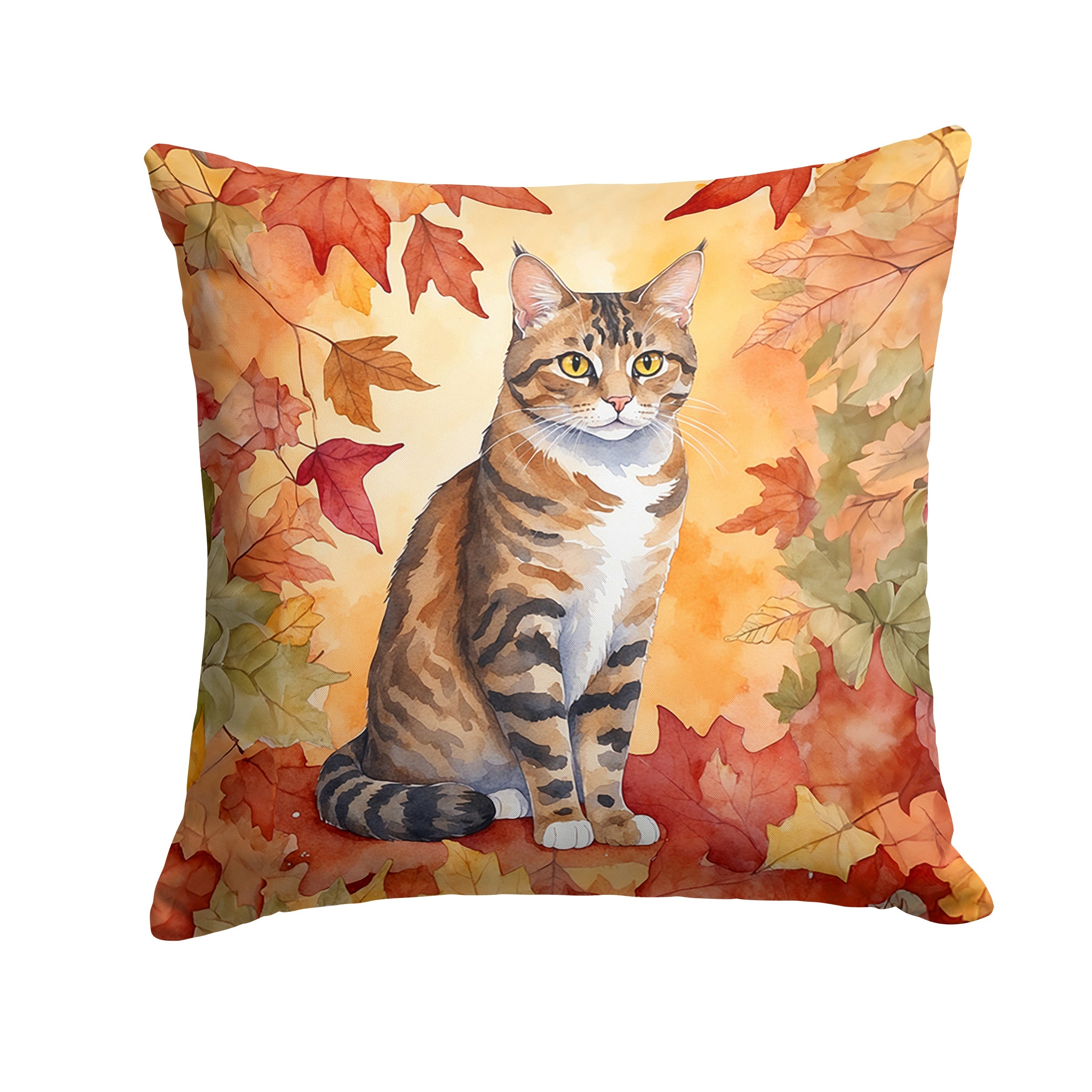 California Spangled Cat in Fall Leaves Decorative Throw Pillow 18x18 Indoor Outdoor Accent Cushion, Fabric Cover with Insert for Sofa, Bed, Porch & Living Room