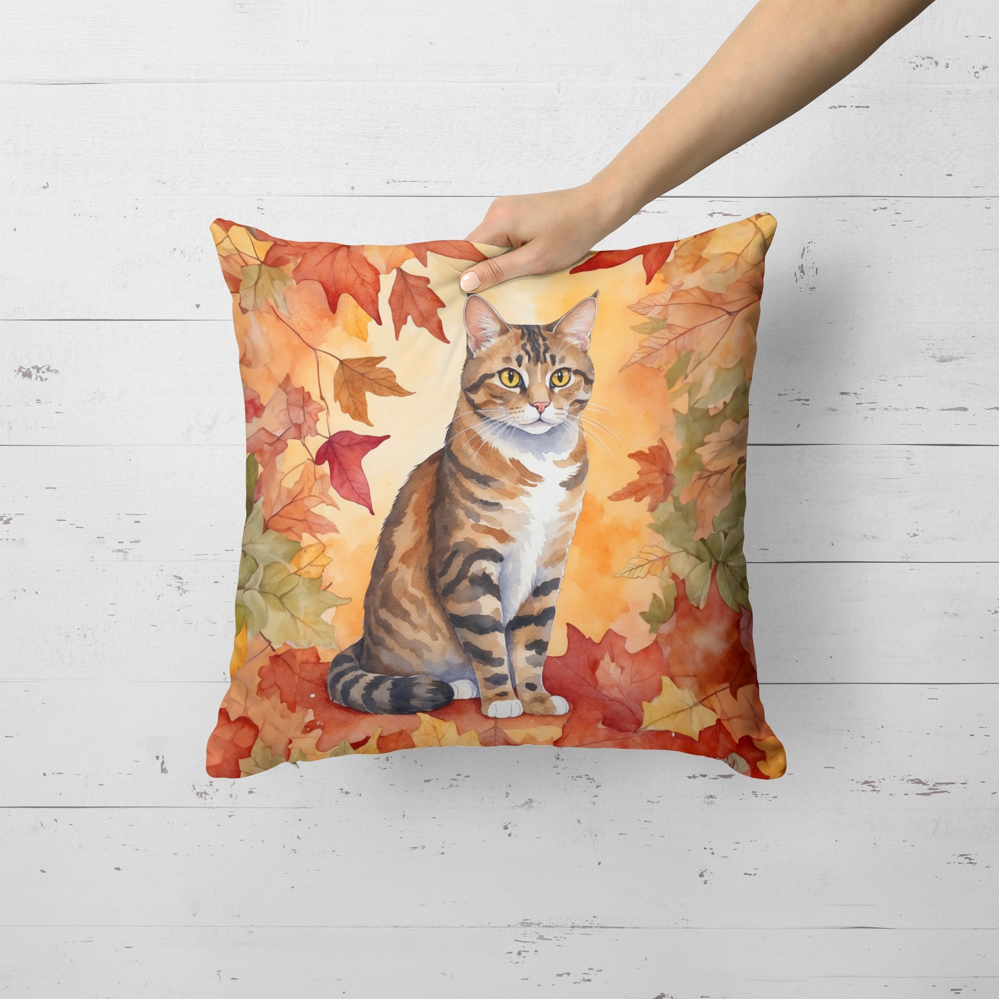 California Spangled Cat in Fall Leaves Decorative Throw Pillow 18x18 Indoor Outdoor Accent Cushion, Fabric Cover with Insert for Sofa, Bed, Porch & Living Room