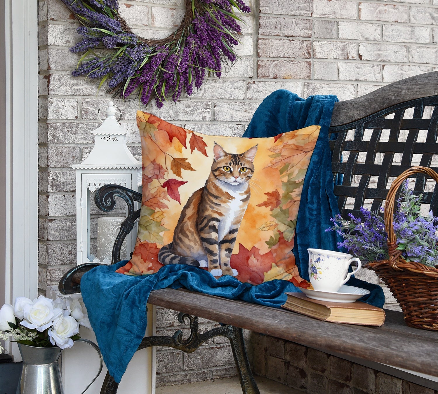 California Spangled Cat in Fall Leaves Decorative Throw Pillow 18x18 Indoor Outdoor Accent Cushion, Fabric Cover with Insert for Sofa, Bed, Porch & Living Room