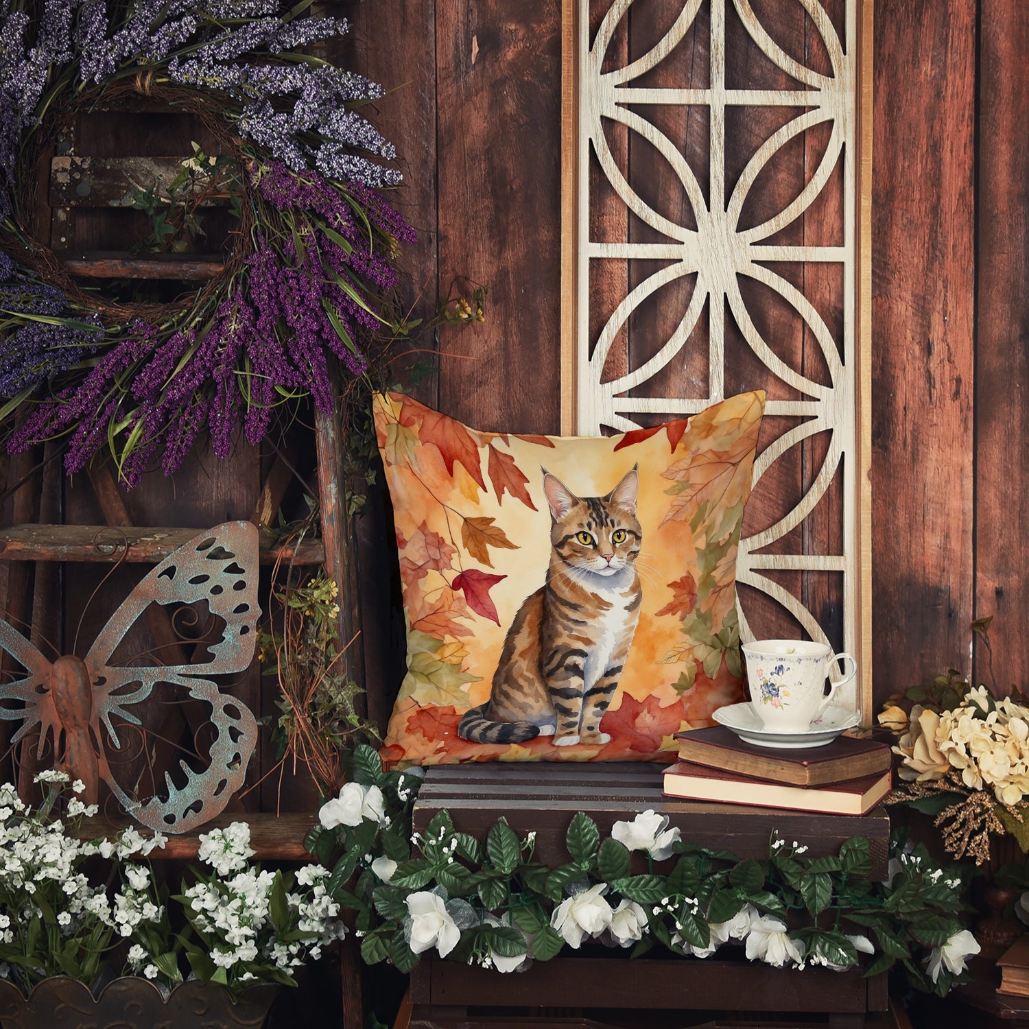 California Spangled Cat in Fall Leaves Decorative Throw Pillow 18x18 Indoor Outdoor Accent Cushion, Fabric Cover with Insert for Sofa, Bed, Porch & Living Room