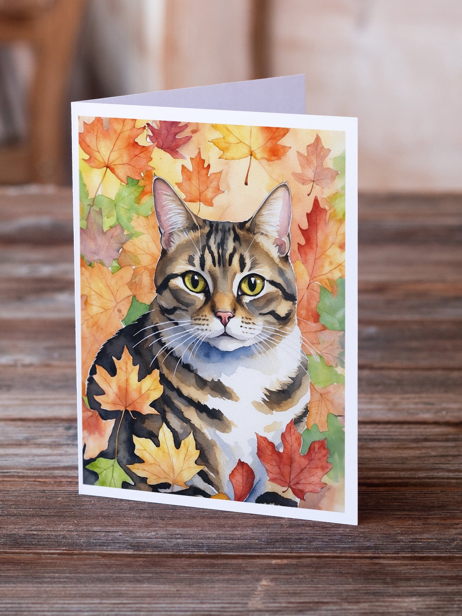 California Spangled Cat in Fall Leaves Greeting Cards Pack of 8 Blank Cards with Envelopes Whimsical A7 Size 5x7