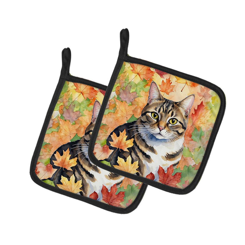 California Spangled Cat in Fall Leaves Pot Holder Set of 2 Heat Resistant Quilted Hot Pads 7.5 x 7.5 Inch, Insulated Kitchen Trivets for Cooking & Baking