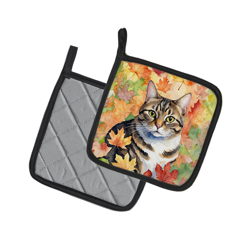 California Spangled Cat in Fall Leaves Pot Holder Set of 2 Heat Resistant Quilted Hot Pads 7.5 x 7.5 Inch, Insulated Kitchen Trivets for Cooking & Baking