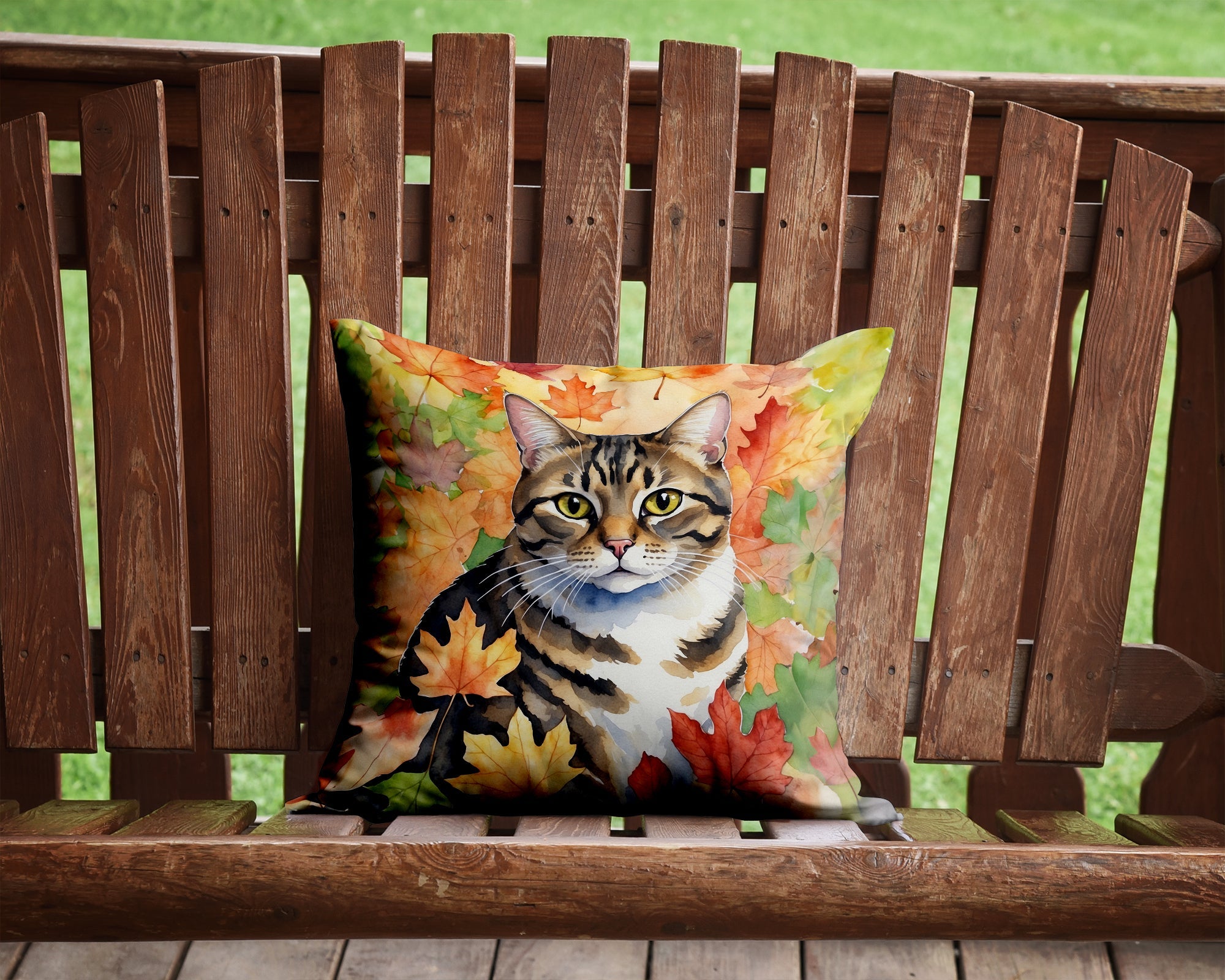 California Spangled Cat in Fall Leaves Decorative Throw Pillow 14x14 Indoor Outdoor Accent Cushion, Fabric Cover with Insert for Sofa, Bed, Porch & Living Room