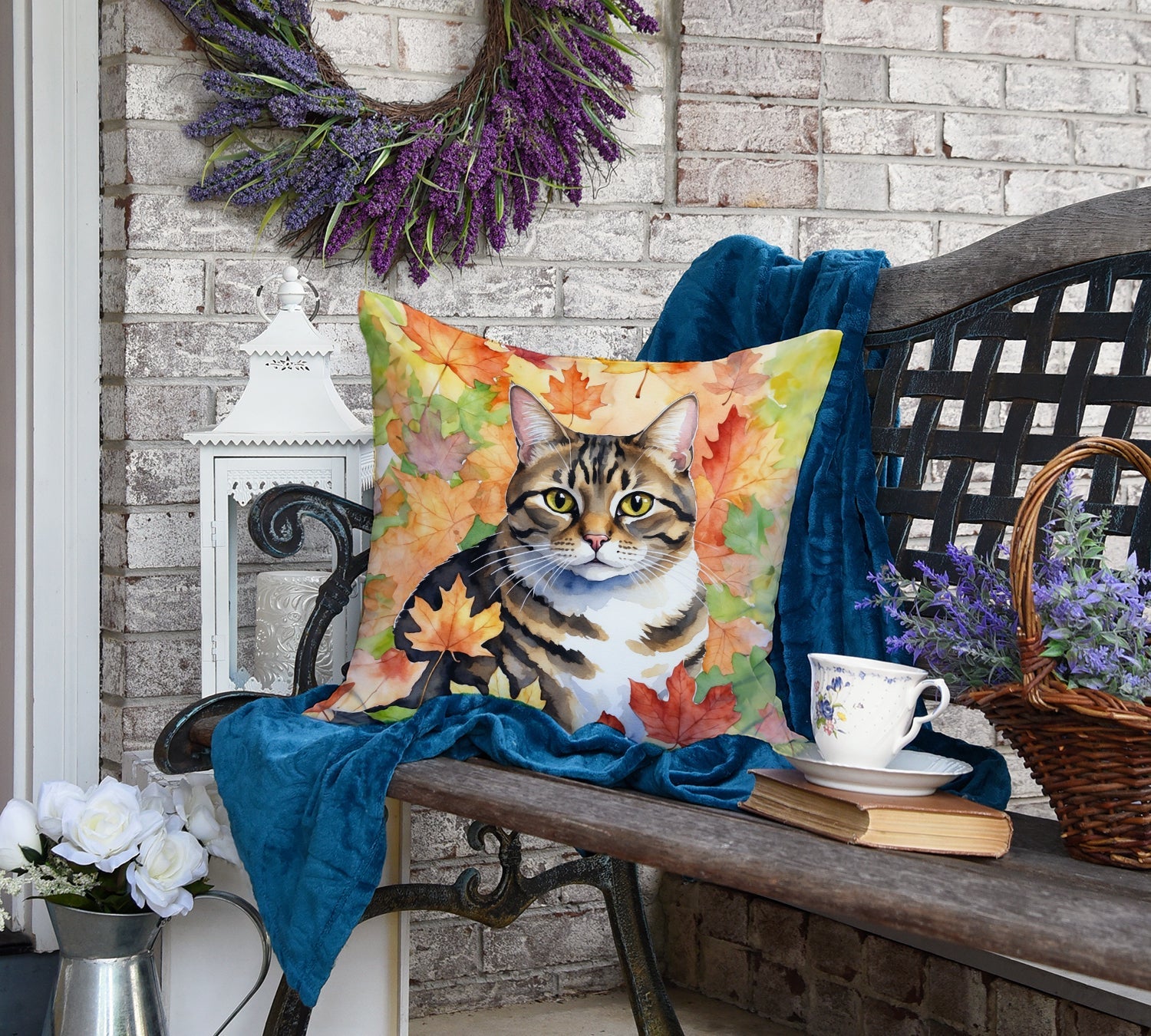 California Spangled Cat in Fall Leaves Decorative Throw Pillow 18x18 Indoor Outdoor Accent Cushion, Fabric Cover with Insert for Sofa, Bed, Porch & Living Room