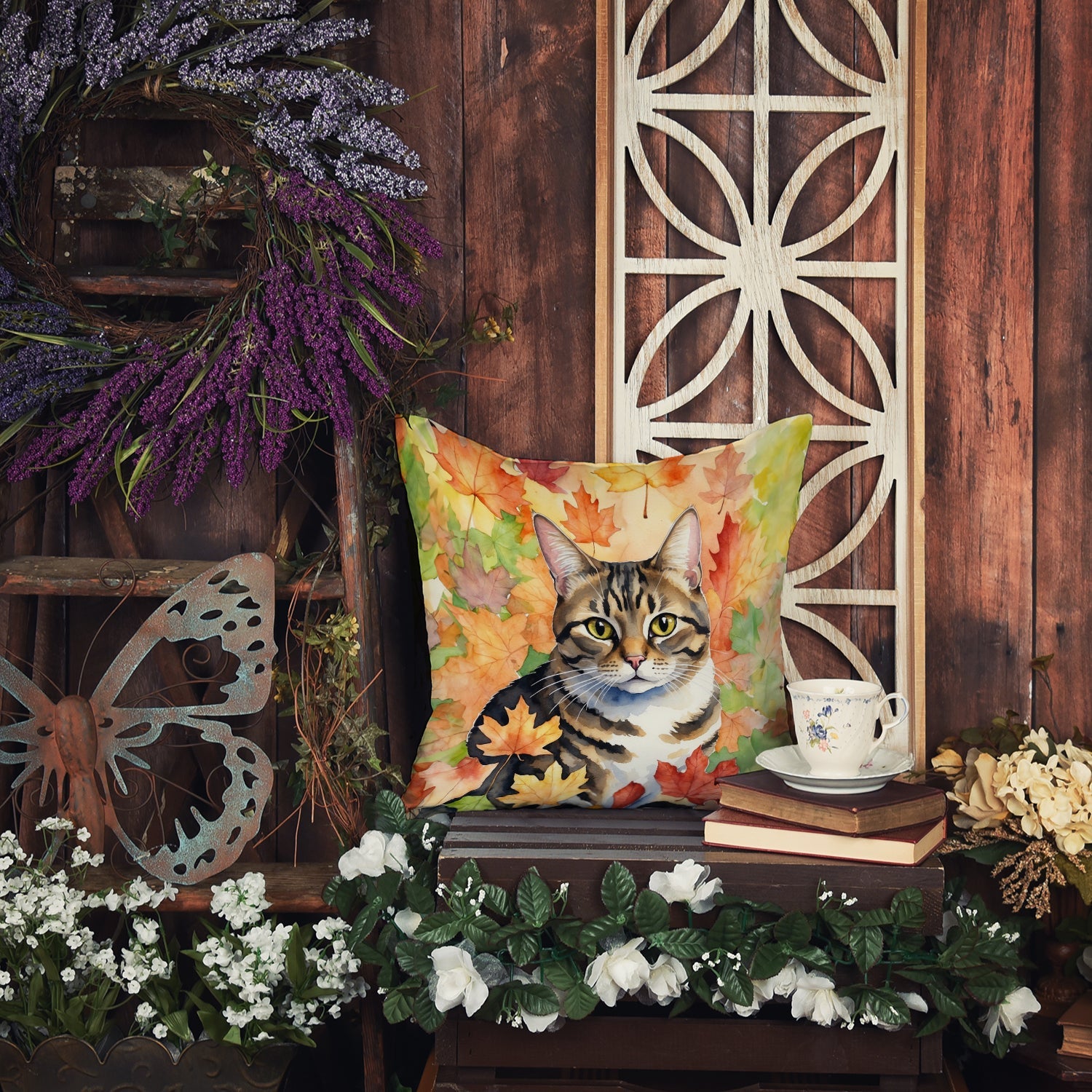 California Spangled Cat in Fall Leaves Decorative Throw Pillow 18x18 Indoor Outdoor Accent Cushion, Fabric Cover with Insert for Sofa, Bed, Porch & Living Room
