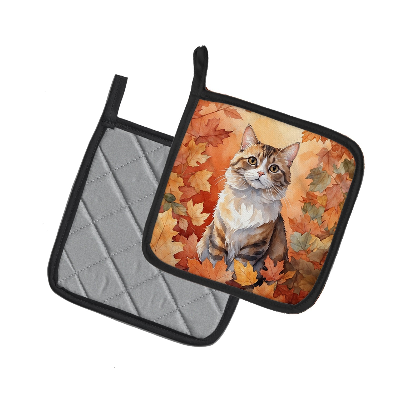 Chantilly Tiffany Cat in Fall Leaves Pot Holder Set of 2 Heat Resistant Quilted Hot Pads 7.5 x 7.5 Inch, Insulated Kitchen Trivets for Cooking & Baking