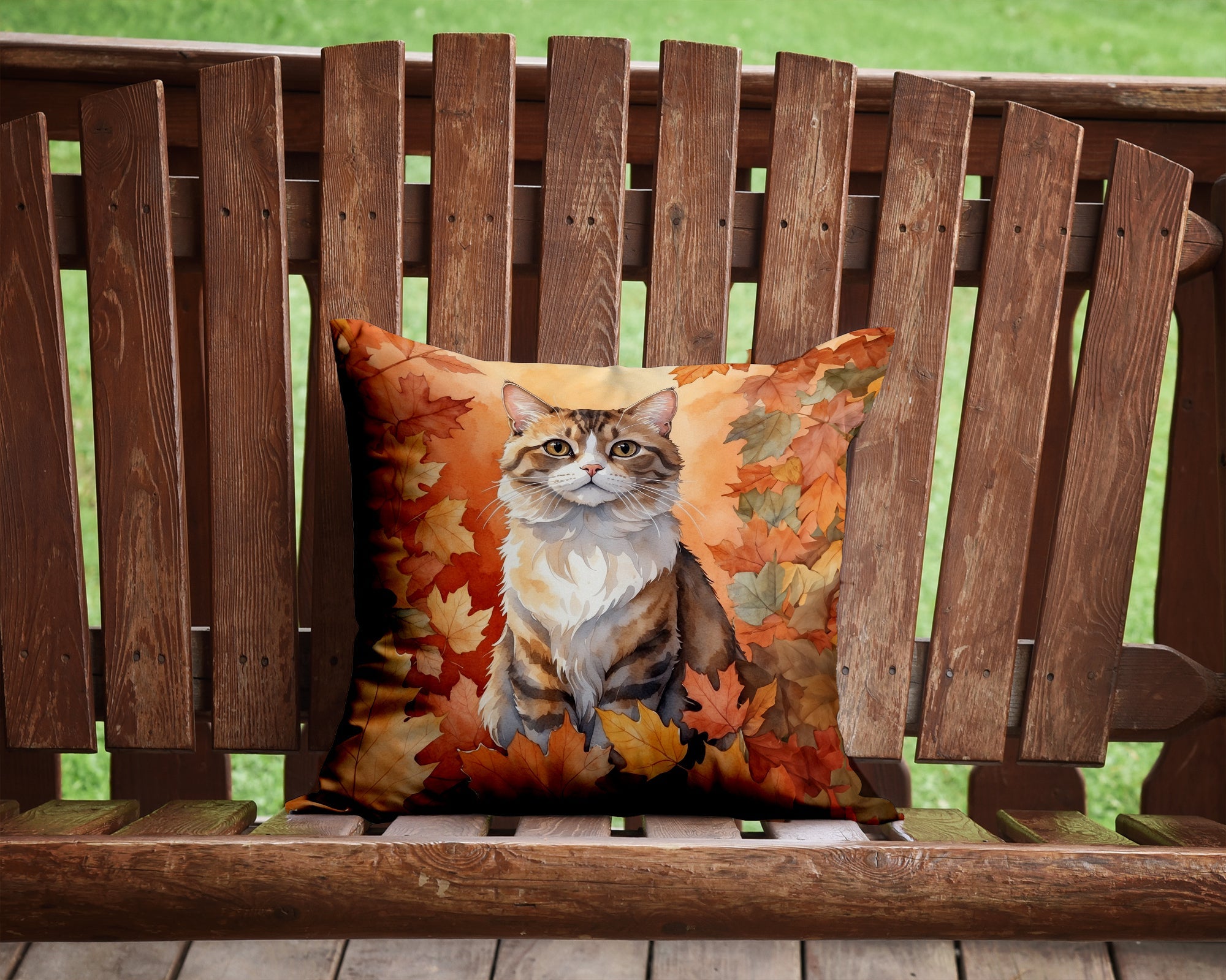 Chantilly Tiffany Cat in Fall Leaves Decorative Throw Pillow 14x14 Indoor Outdoor Accent Cushion, Fabric Cover with Insert for Sofa, Bed, Porch & Living Room