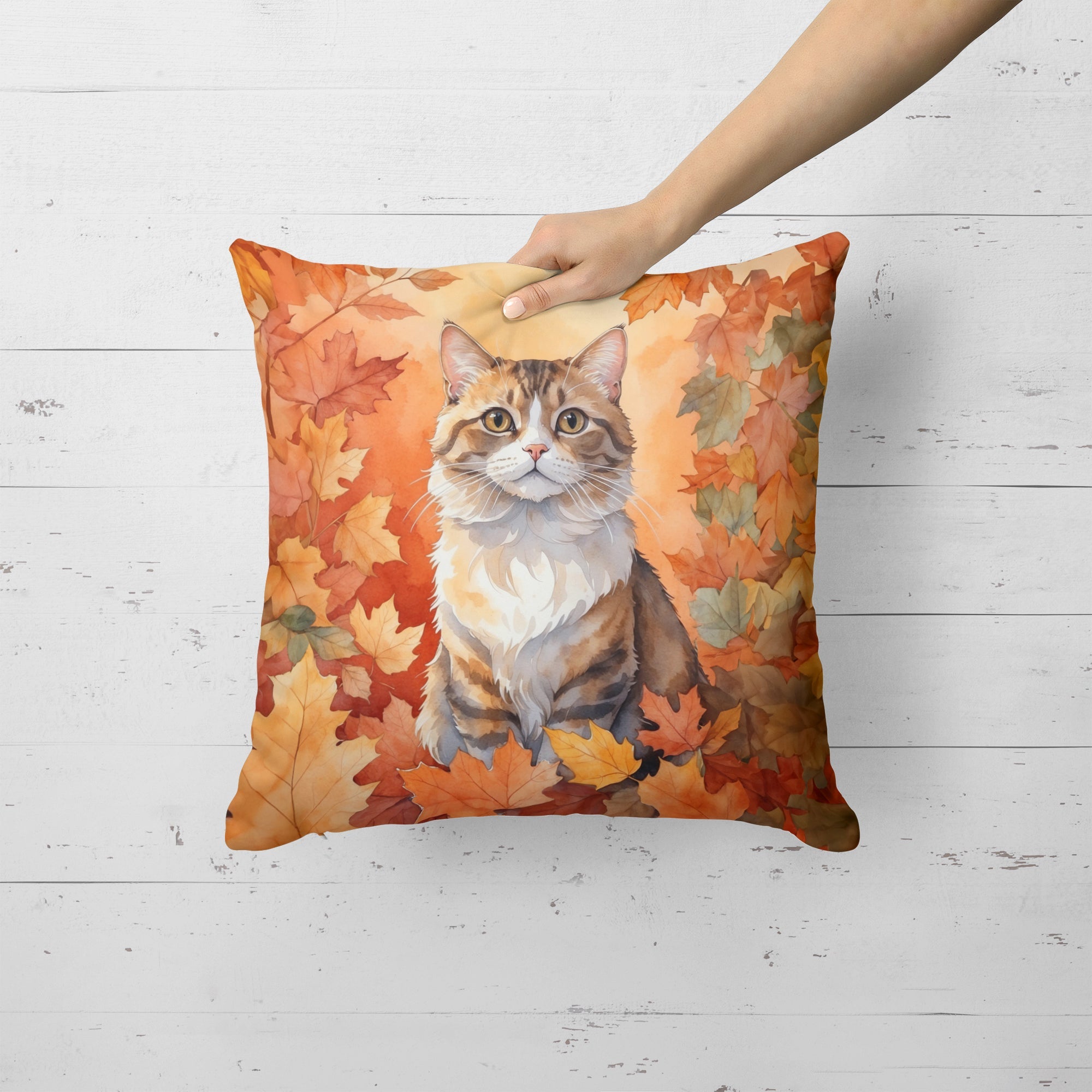 Chantilly Tiffany Cat in Fall Leaves Decorative Throw Pillow 18x18 Indoor Outdoor Accent Cushion, Fabric Cover with Insert for Sofa, Bed, Porch & Living Room