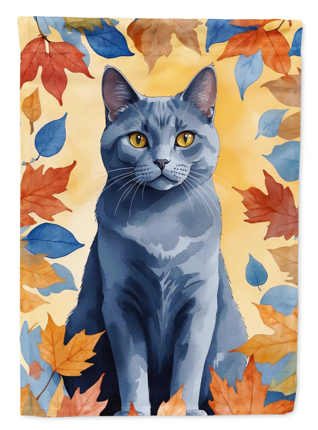 Chartreux Cat in Fall Leaves House Flag 28x40 Porch Sleeve Pole Decorative Outside Yard Banner Artwork Wall Hanging, Polyester