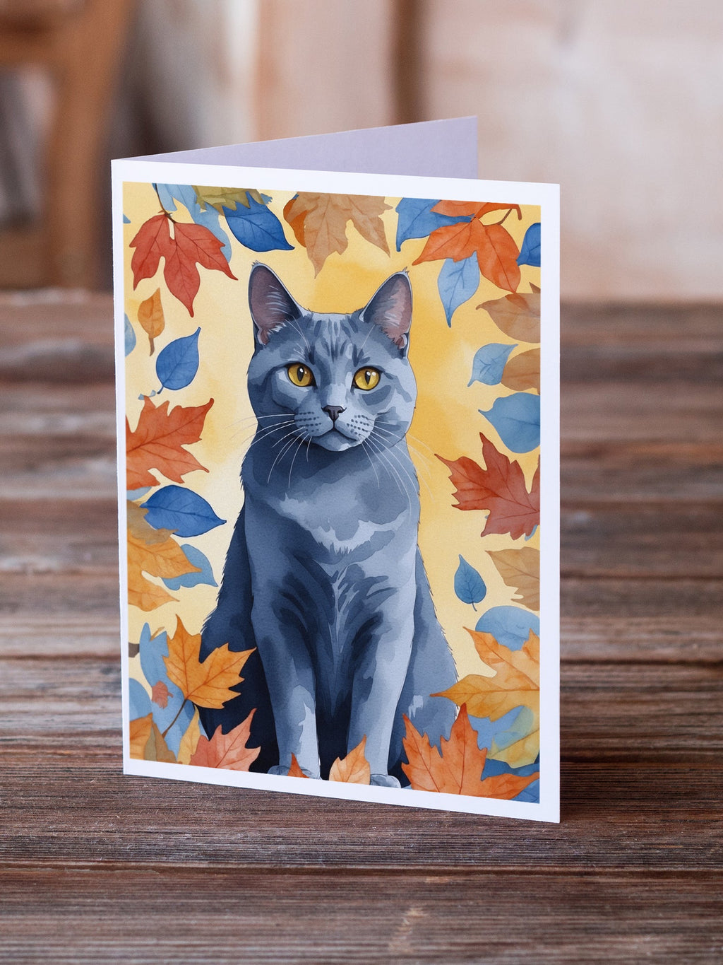 Chartreux Cat in Fall Leaves Greeting Cards Pack of 8 Blank Cards with Envelopes Whimsical A7 Size 5x7