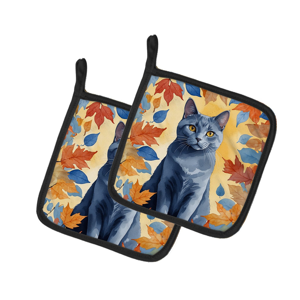 Chartreux Cat in Fall Leaves Pot Holder Set of 2 Heat Resistant Quilted Hot Pads 7.5 x 7.5 Inch, Insulated Kitchen Trivets for Cooking & Baking