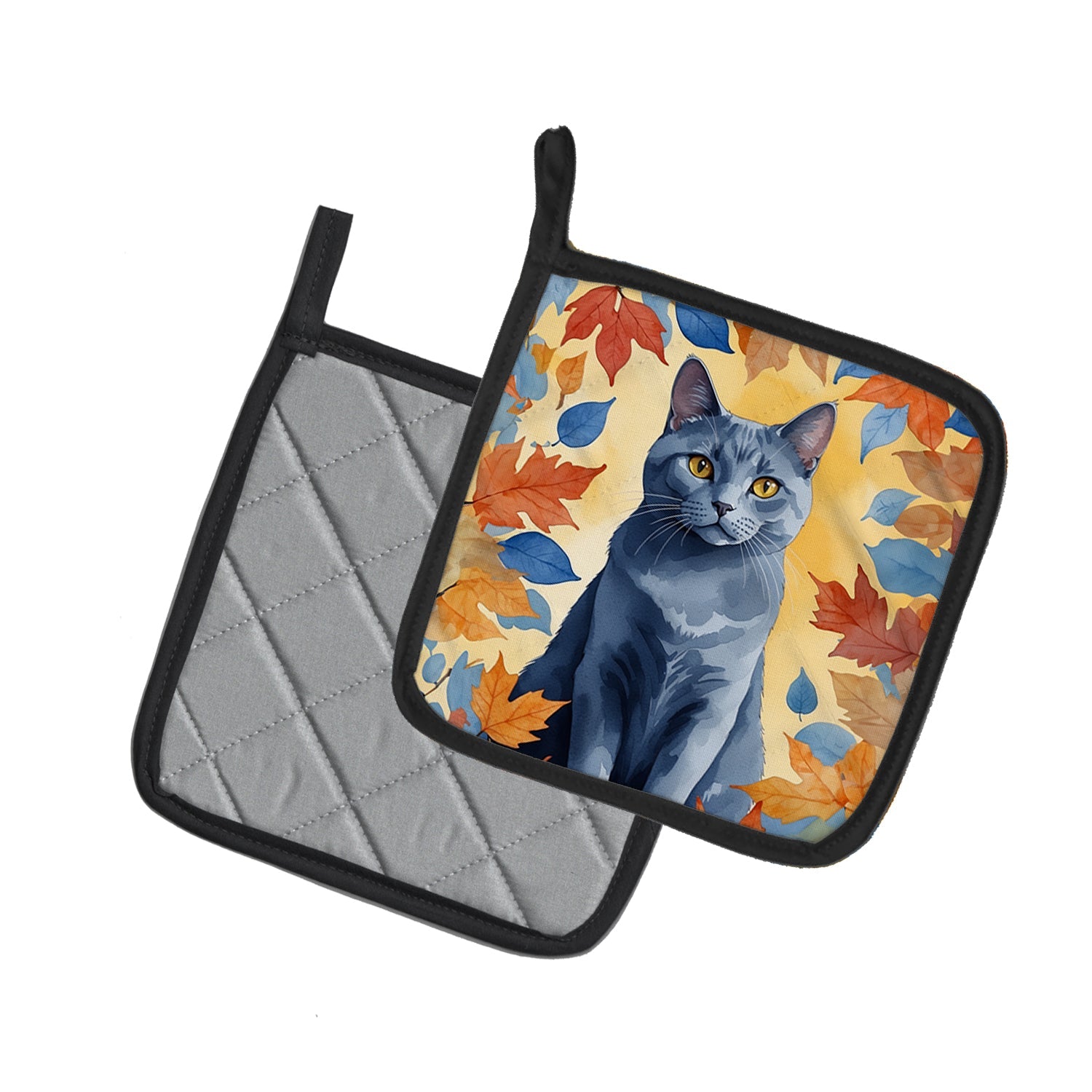 Chartreux Cat in Fall Leaves Pot Holder Set of 2 Heat Resistant Quilted Hot Pads 7.5 x 7.5 Inch, Insulated Kitchen Trivets for Cooking & Baking