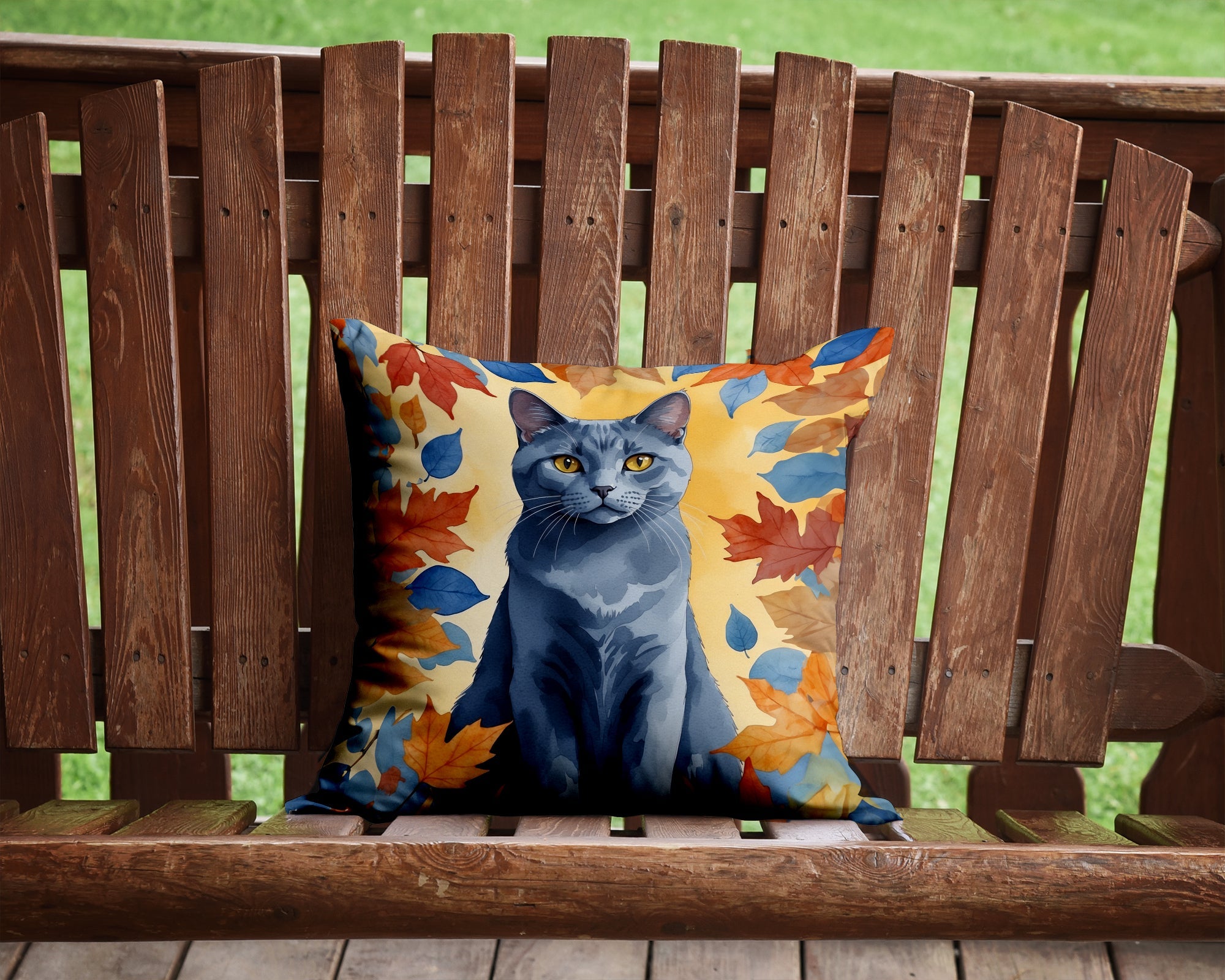 Chartreux Cat in Fall Leaves Decorative Throw Pillow 14x14 Indoor Outdoor Accent Cushion, Fabric Cover with Insert for Sofa, Bed, Porch & Living Room