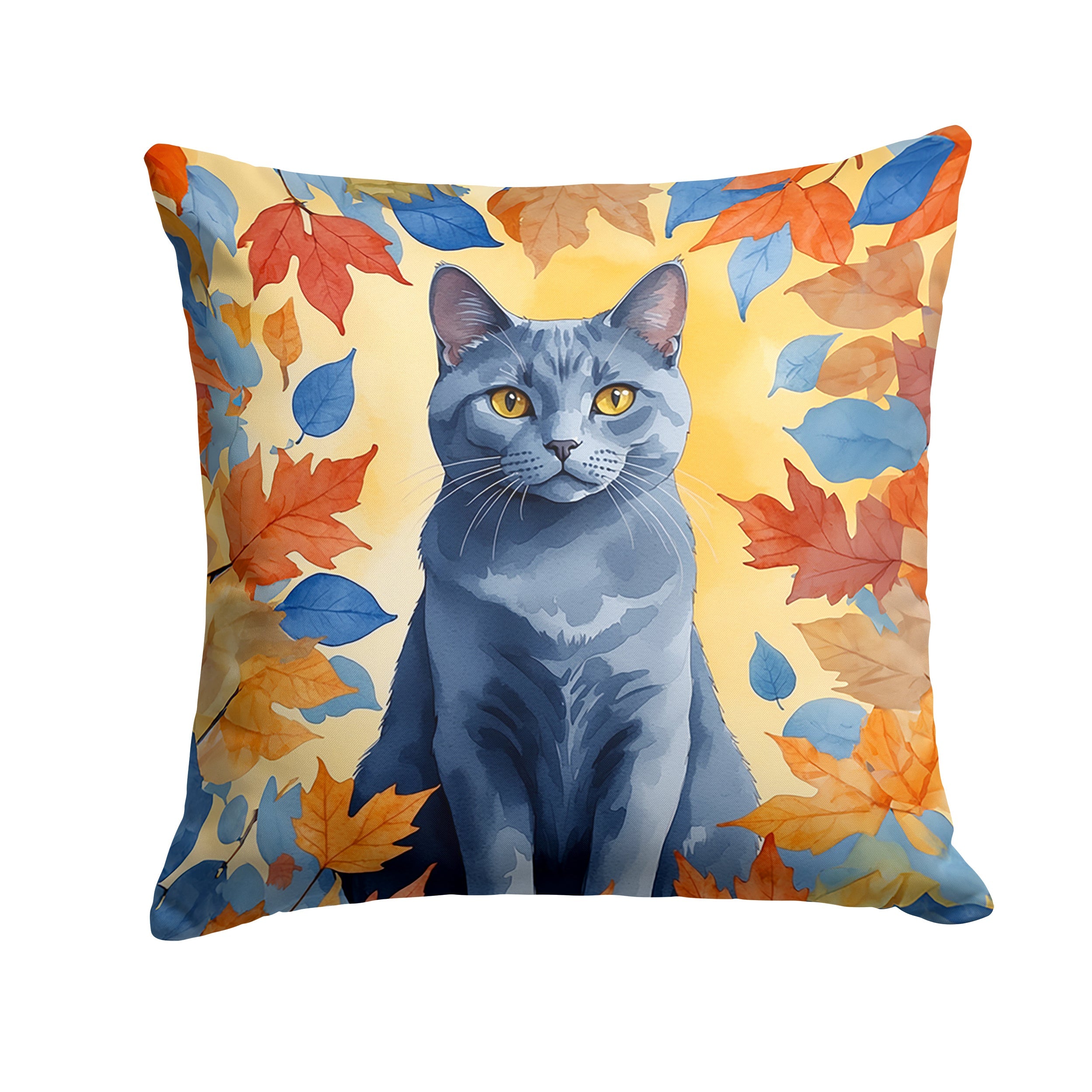 Chartreux Cat in Fall Leaves Decorative Throw Pillow 18x18 Indoor Outdoor Accent Cushion, Fabric Cover with Insert for Sofa, Bed, Porch & Living Room