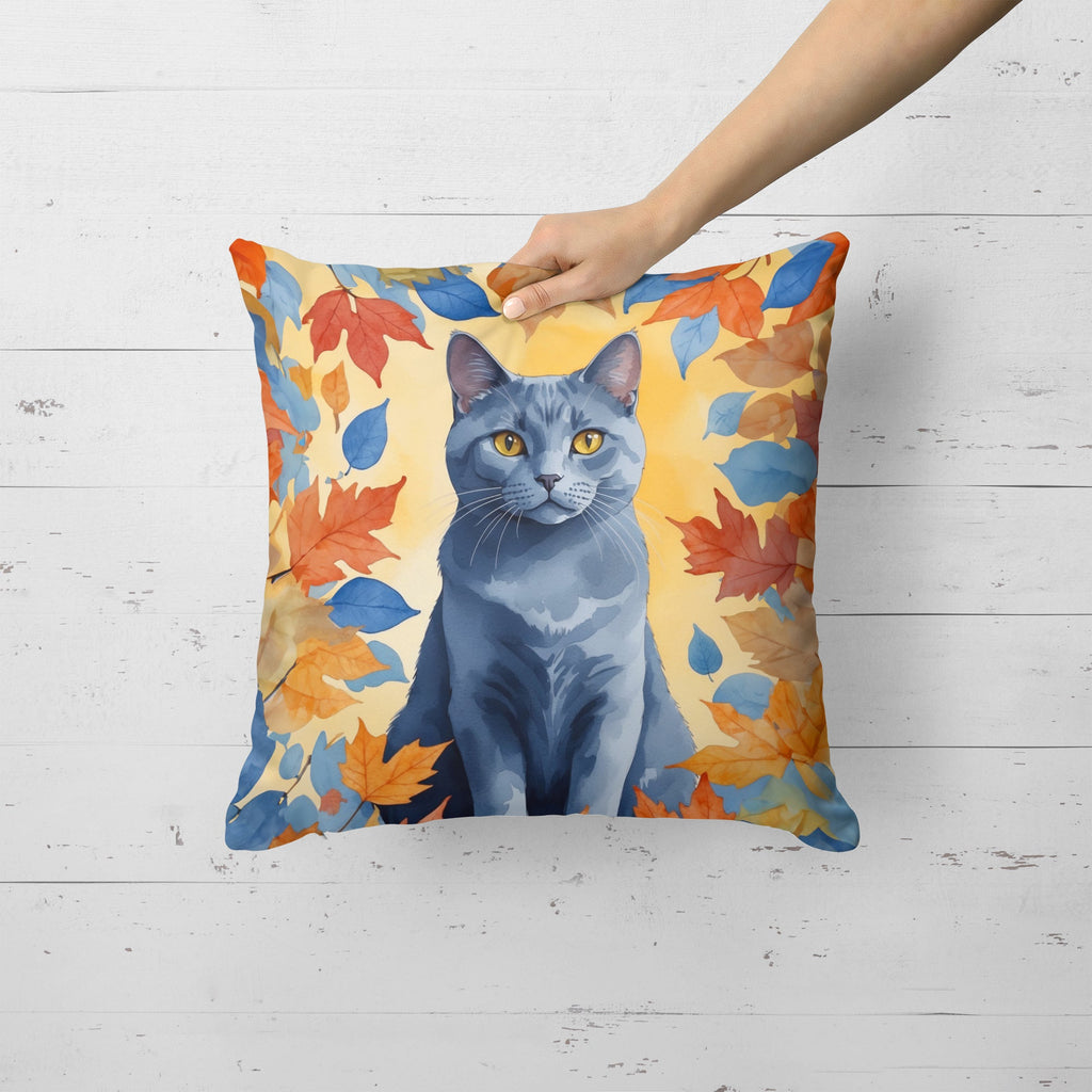 Chartreux Cat in Fall Leaves Decorative Throw Pillow 18x18 Indoor Outdoor Accent Cushion, Fabric Cover with Insert for Sofa, Bed, Porch & Living Room